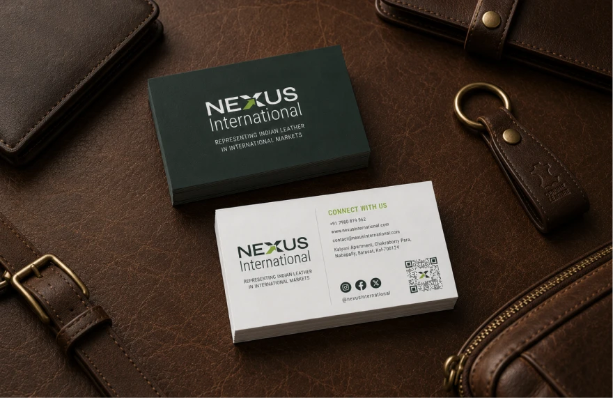 Nexus International business cards on a leather surface